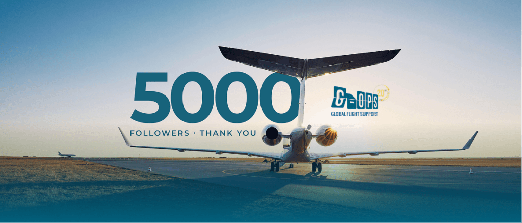 G-OPS célèbre 5000 abonnés LinkedIn, jet privé sur tarmac au coucher du soleil, aviation d'affaires et flight support international