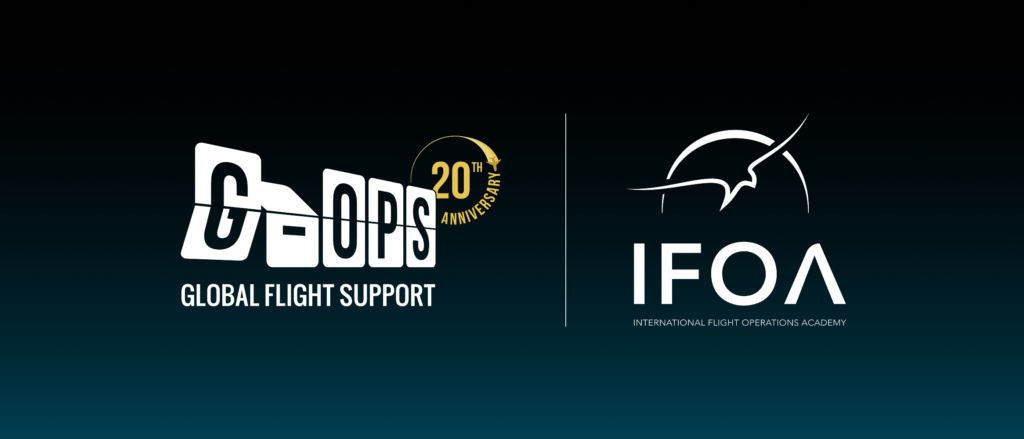 G-OPS and IFOA logos side by side, marking G-OPS's 20th anniversary and its flight dispatch training partnership with the International Flight Operations Academy.