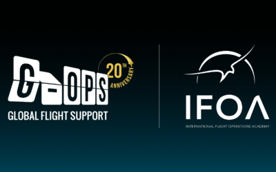 G-OPS and IFOA logos side by side, marking G-OPS's 20th anniversary and its flight dispatch training partnership with the International Flight Operations Academy.